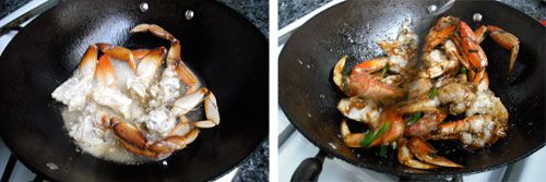 Collage of crab legs being passed through oil, then stir-fried