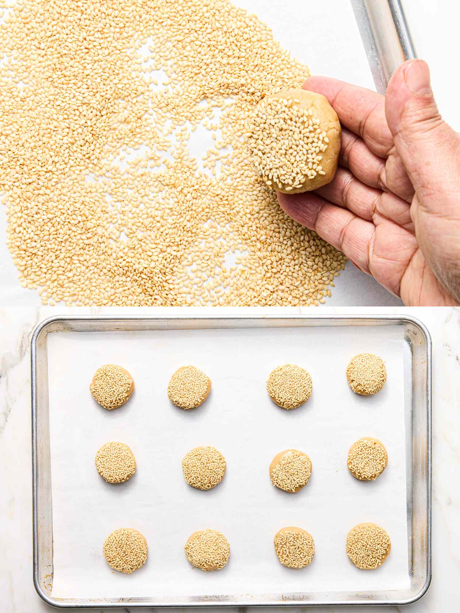 Cookies being prepared rolled in sesame seeds and placed on a baking sheet
