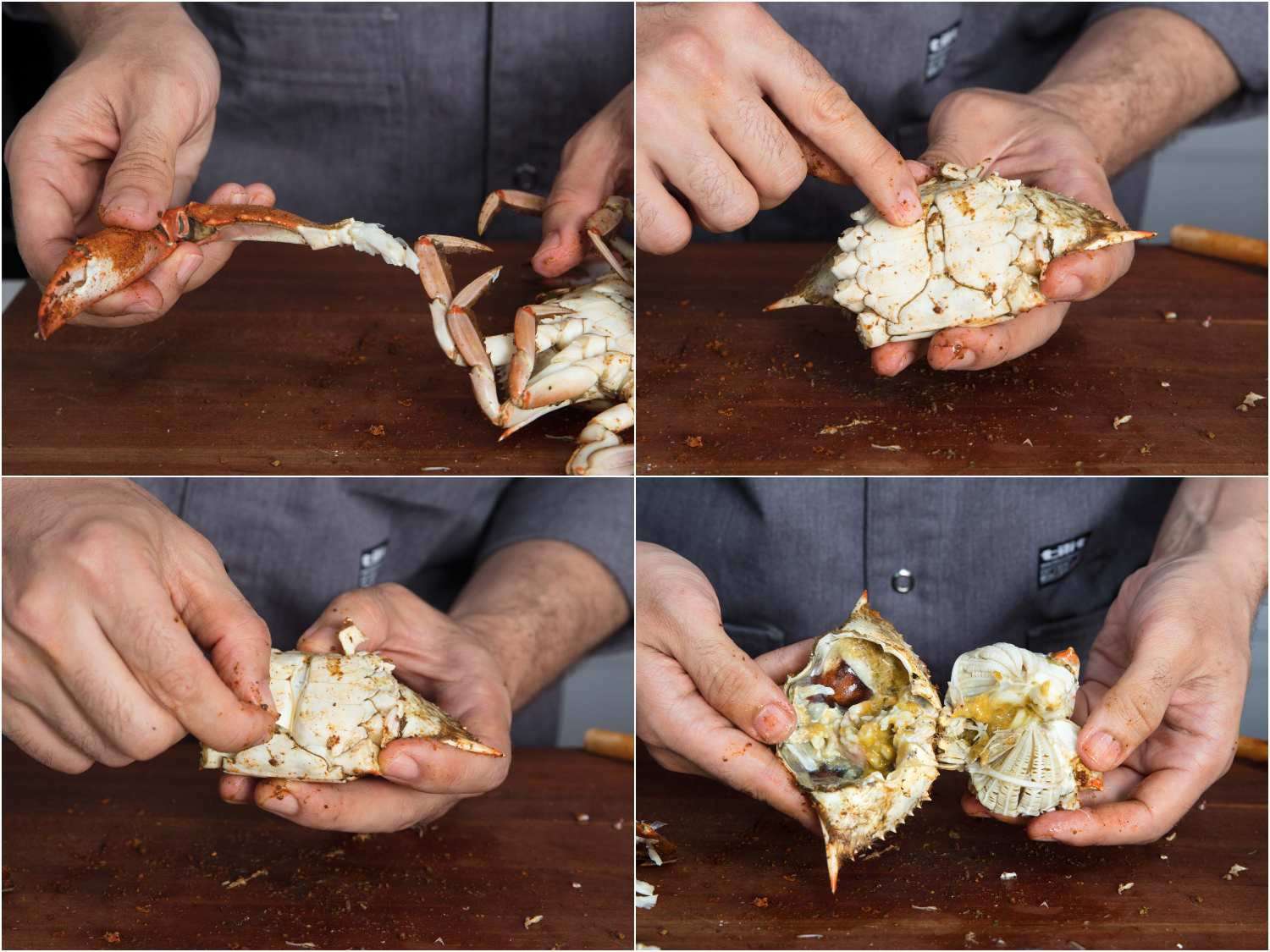 Pulling off the appendages of a crab and removing the top shell.