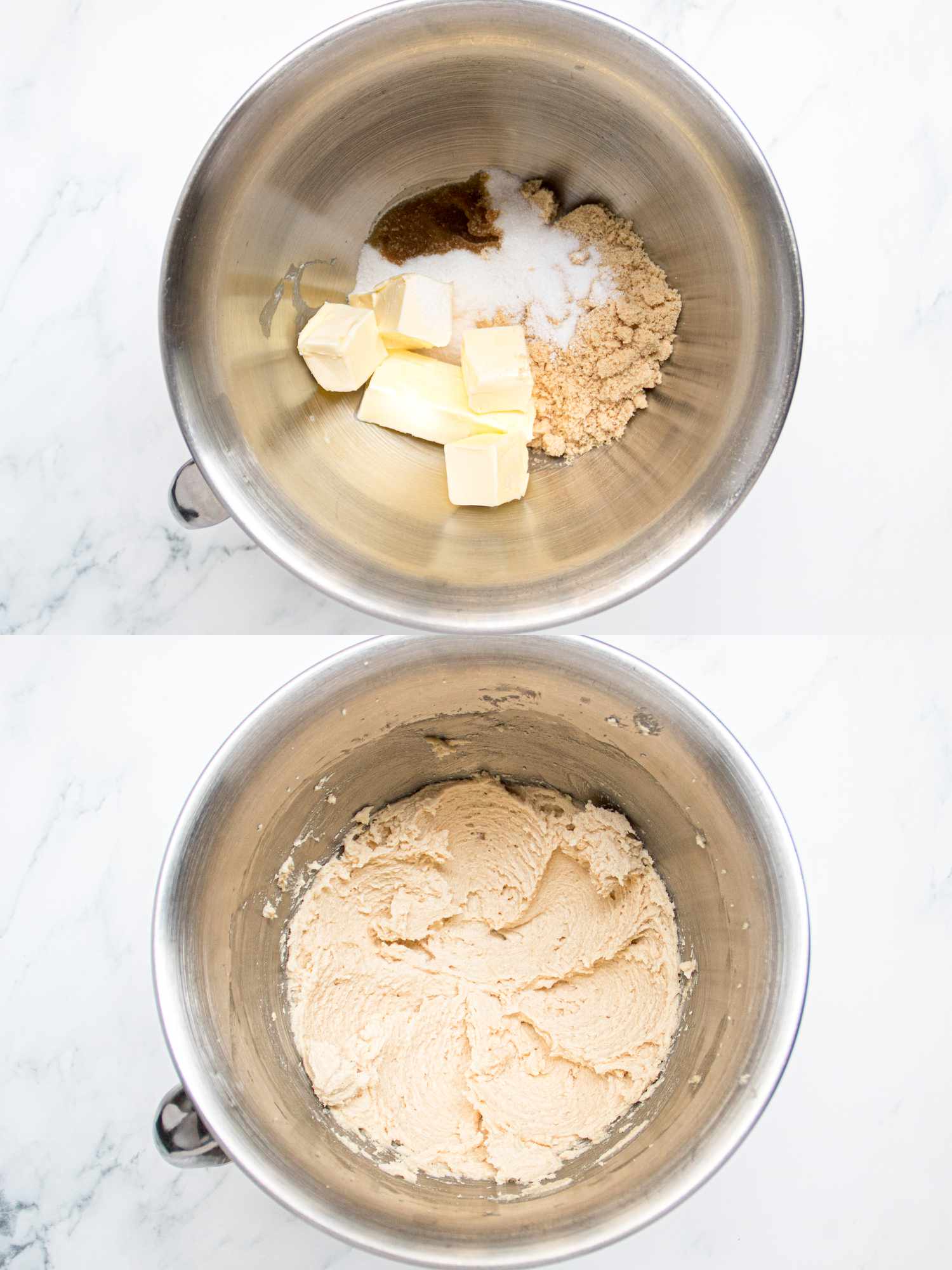 Two image colalge of ingredients before and after being mixed in a stand mixer