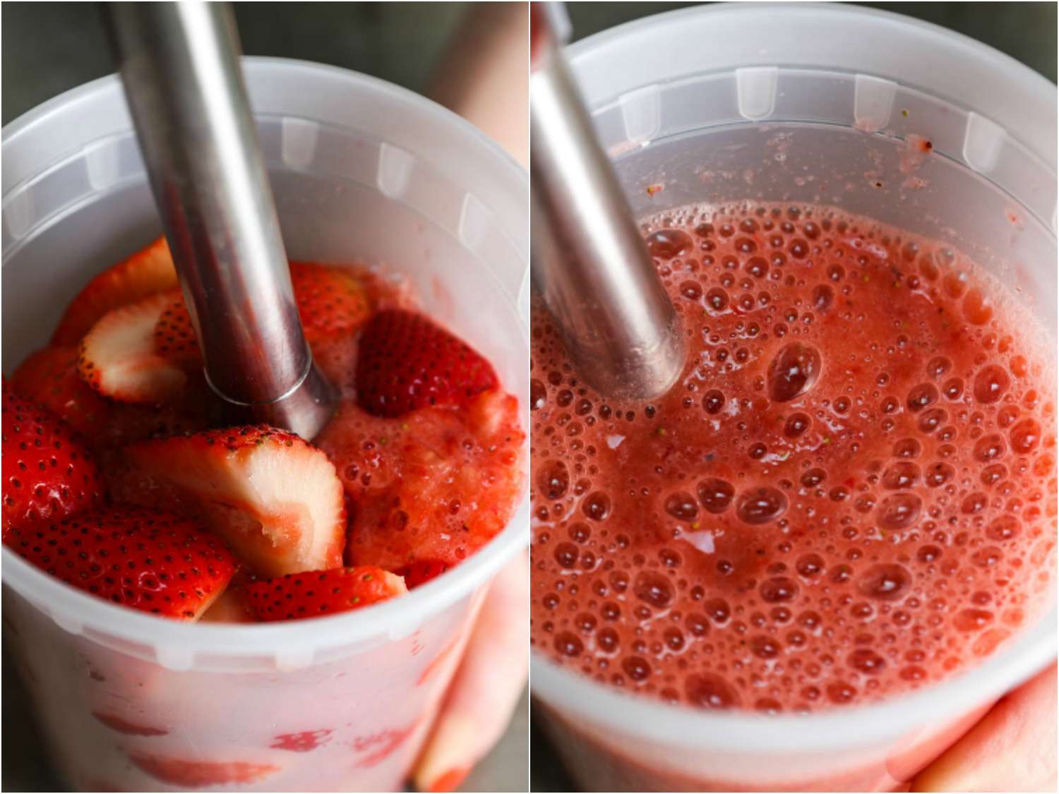 Collage of halved strawberries being processed with an immersion blender, and the resulting purée