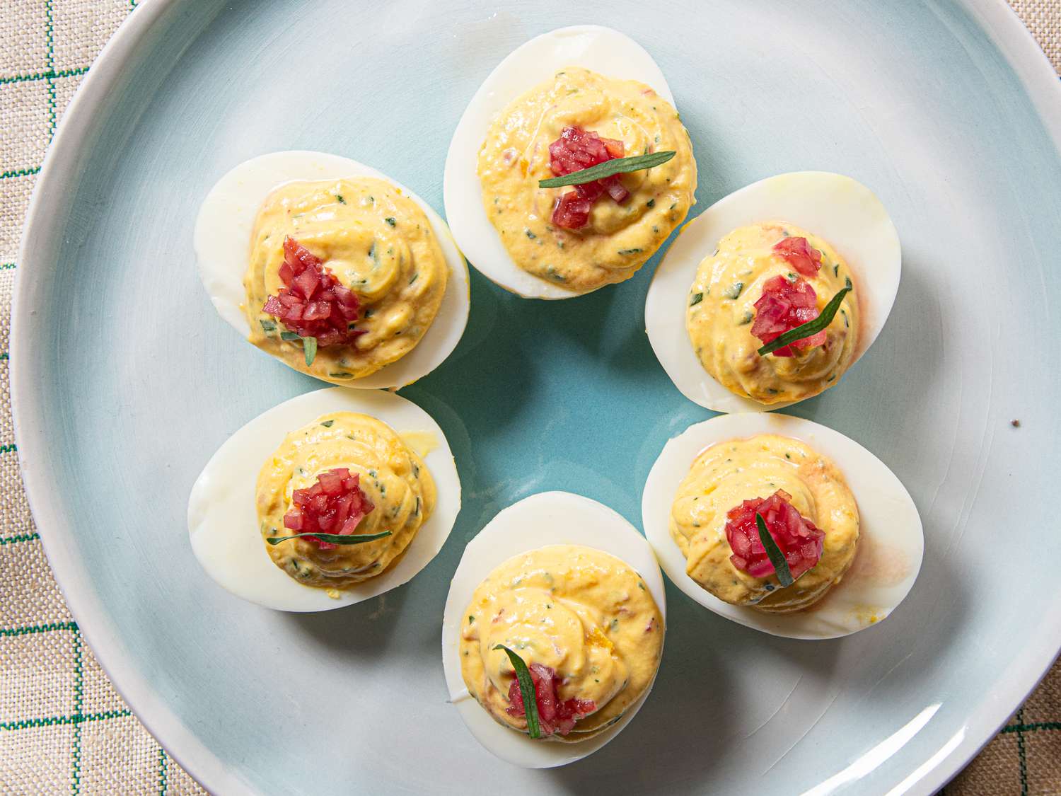 Overhead view of Spring deviled eggs