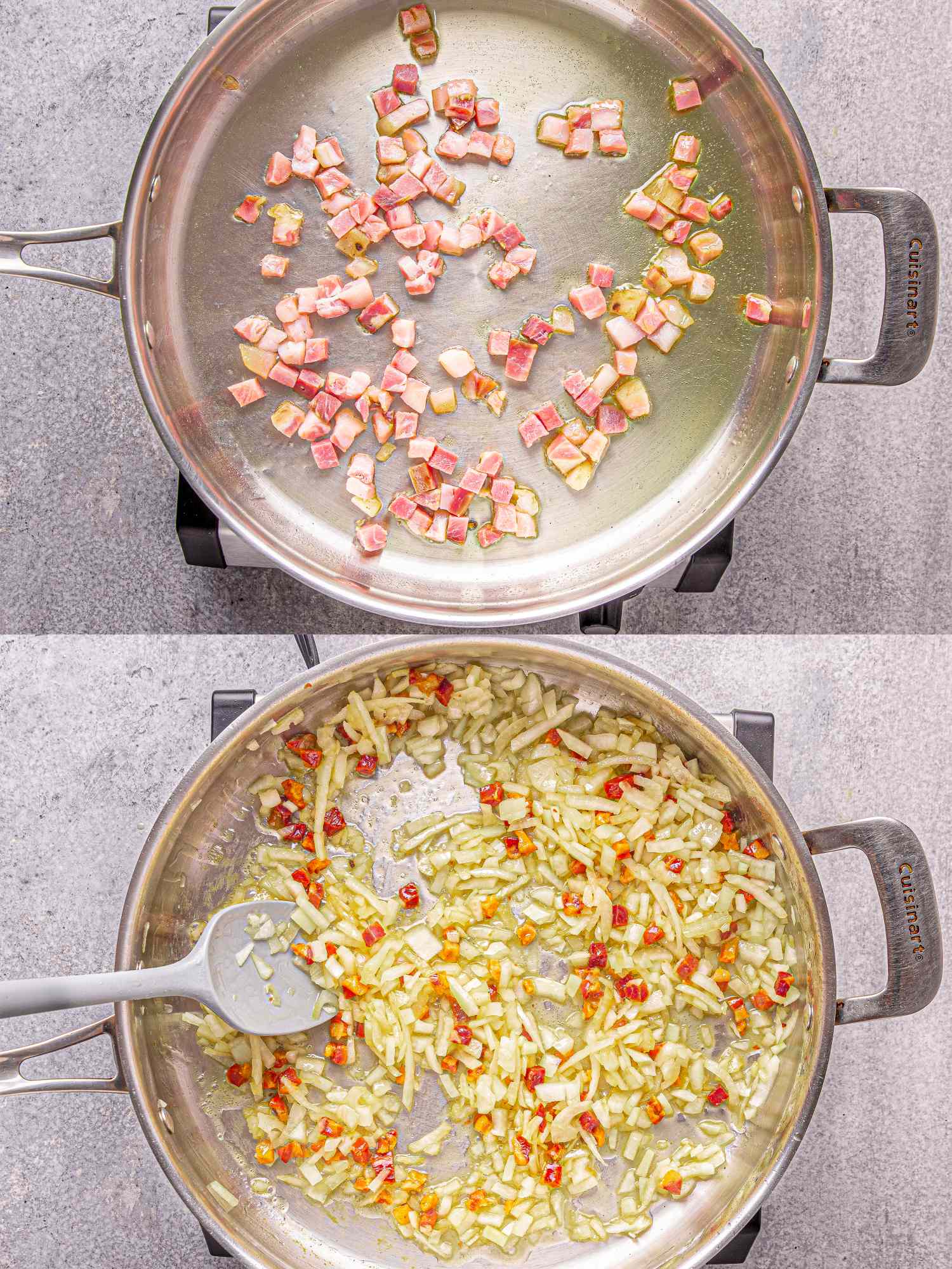 Cooking process of a barley and cranberry bean soup showing diced ham being sauted and a mixture of chopped vegetables in a skillet
