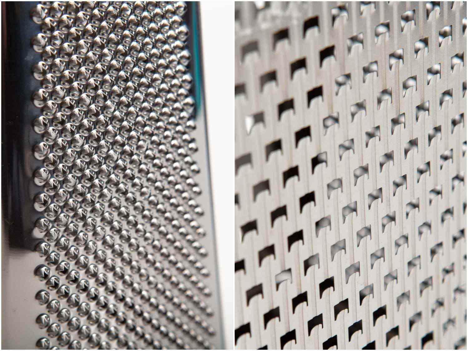 A photo composite showing punched holes vs. etched holes on a box grater