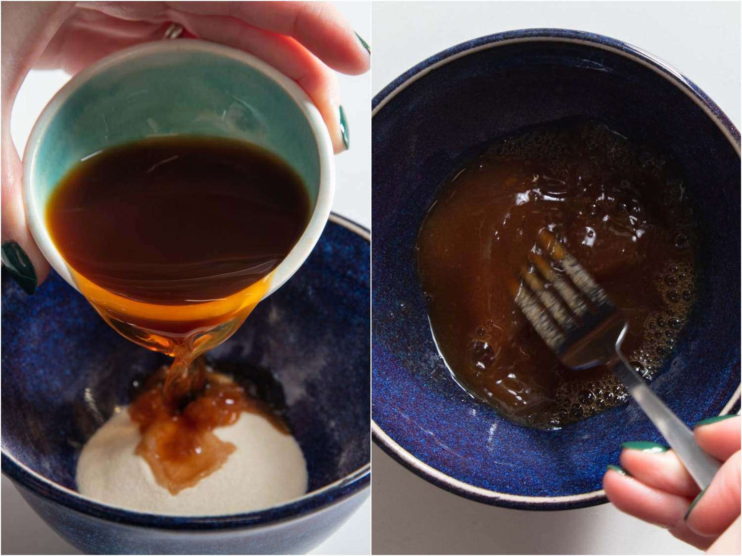 A collage: combining gelatin with water and vanilla extract and whisking with a fork. 