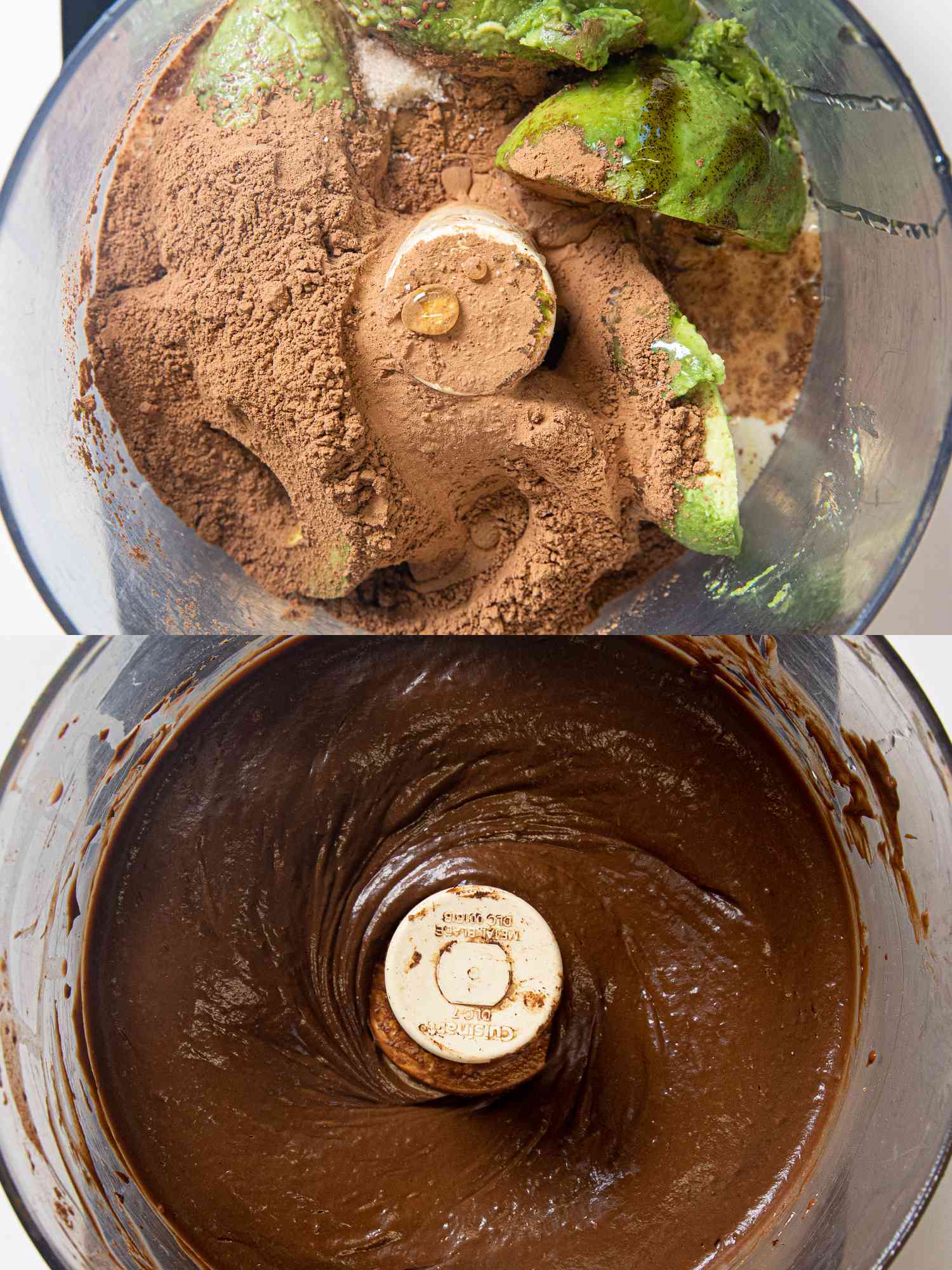 Two image collage of overhead view of ingredients in a food processor before and after being blended