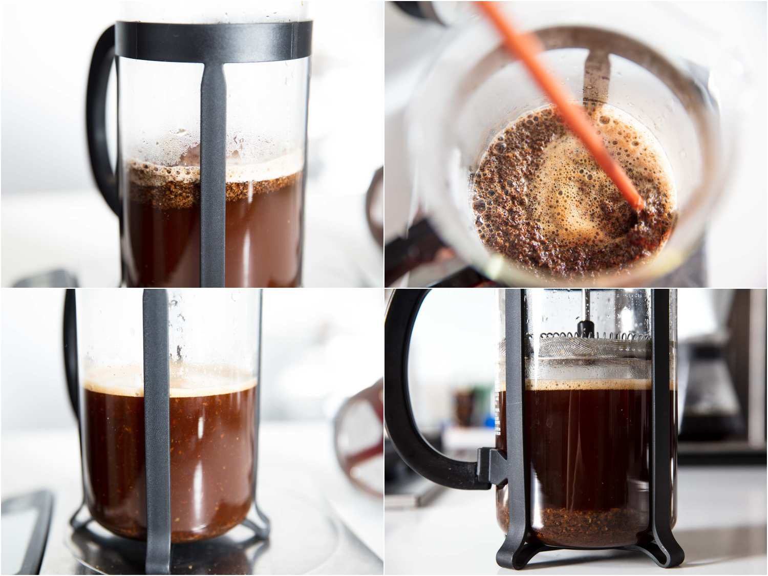 Collage of brewing coffee with a French press: coffee grounds foaming and bubbling after blooming, coffee grounds and water being stirred, coffee grounds settling, coffee grounds fully settled on bottom of carafe.