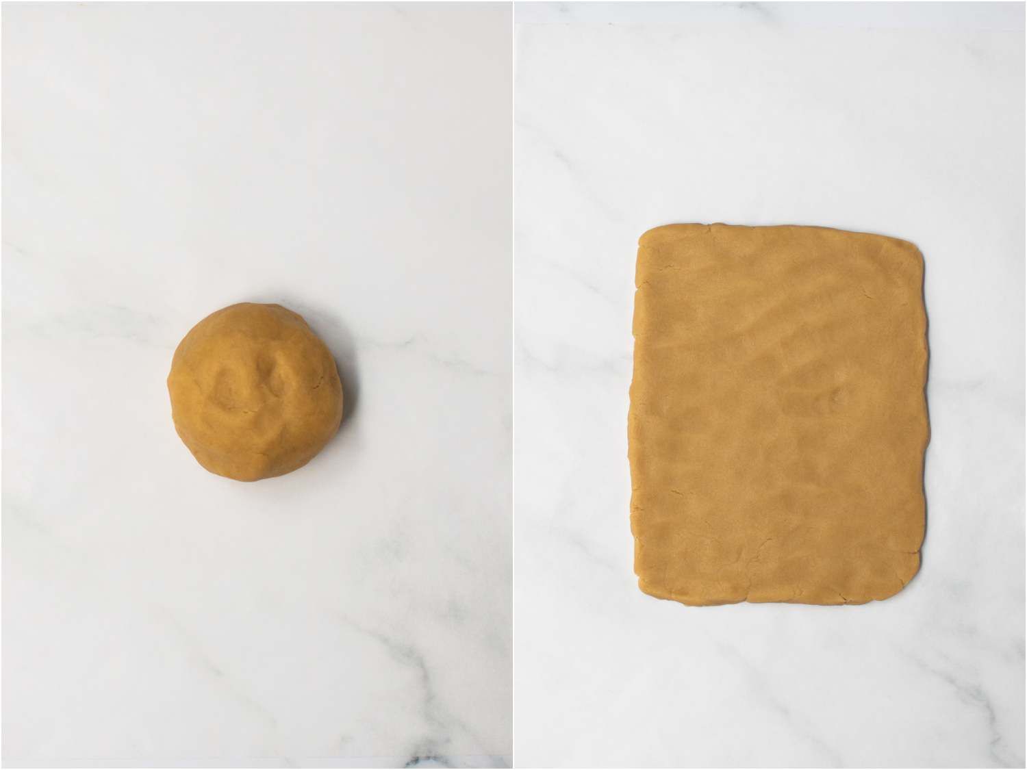 A two-collage image. The left image shows a brown ball of dough. The right shows the dough flattened into a six by eight inch rectangle.