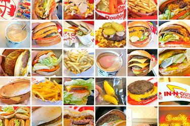A thirty image collage with different special items from In-n-Out such as burgers, fries, and shakes 