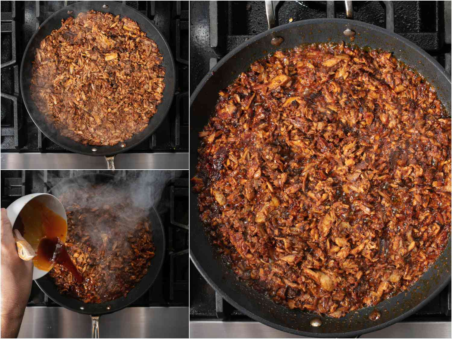 Collage of chopped al pastor meat in skillet; reserved juices added; finished al pastor with juices