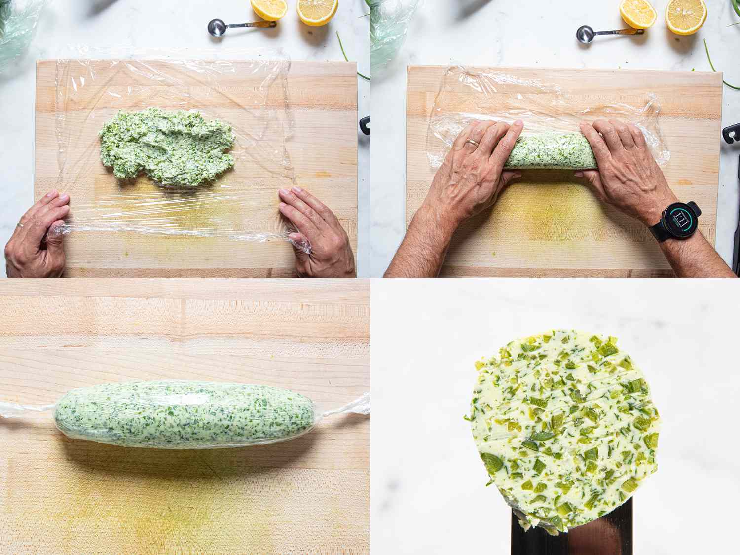 Four Image Collage. Top Left: Compound butter mixture spread on plastic wrap on cutting board. Top Right: hands rolling mixture in cutting board into a log. Bottom left: finished log of plastic wrapped compound butter. Bottom right: Close up of a slice of compound butter on a knife. 