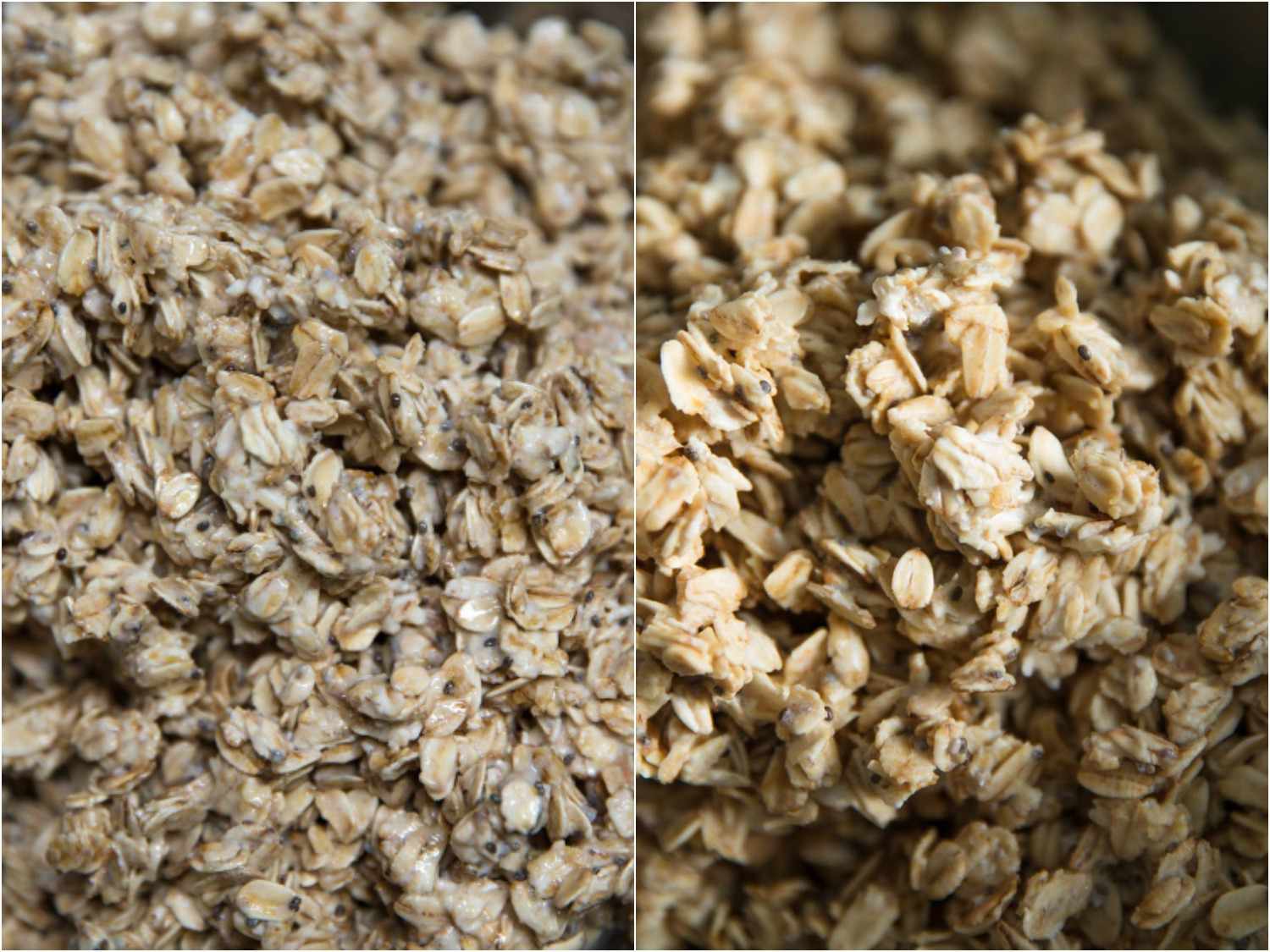 Comparing oats before and after soaking in buttermilk. Both look dry and tough. 
