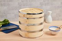 a stack of bamboo steamers