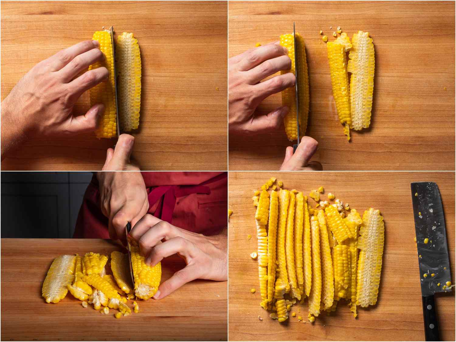 Cutting corn kernels off of cob, keeping them in long planks.