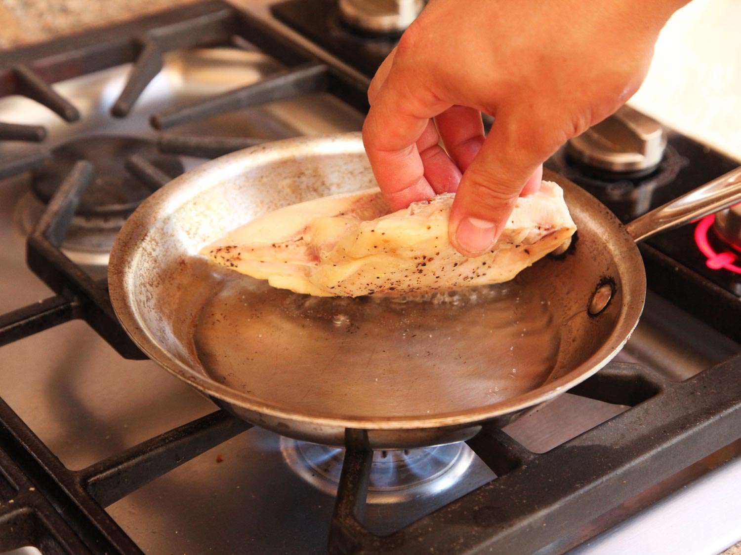Lowering sous vide cooked chicken breast into a skillet on the stovetop.