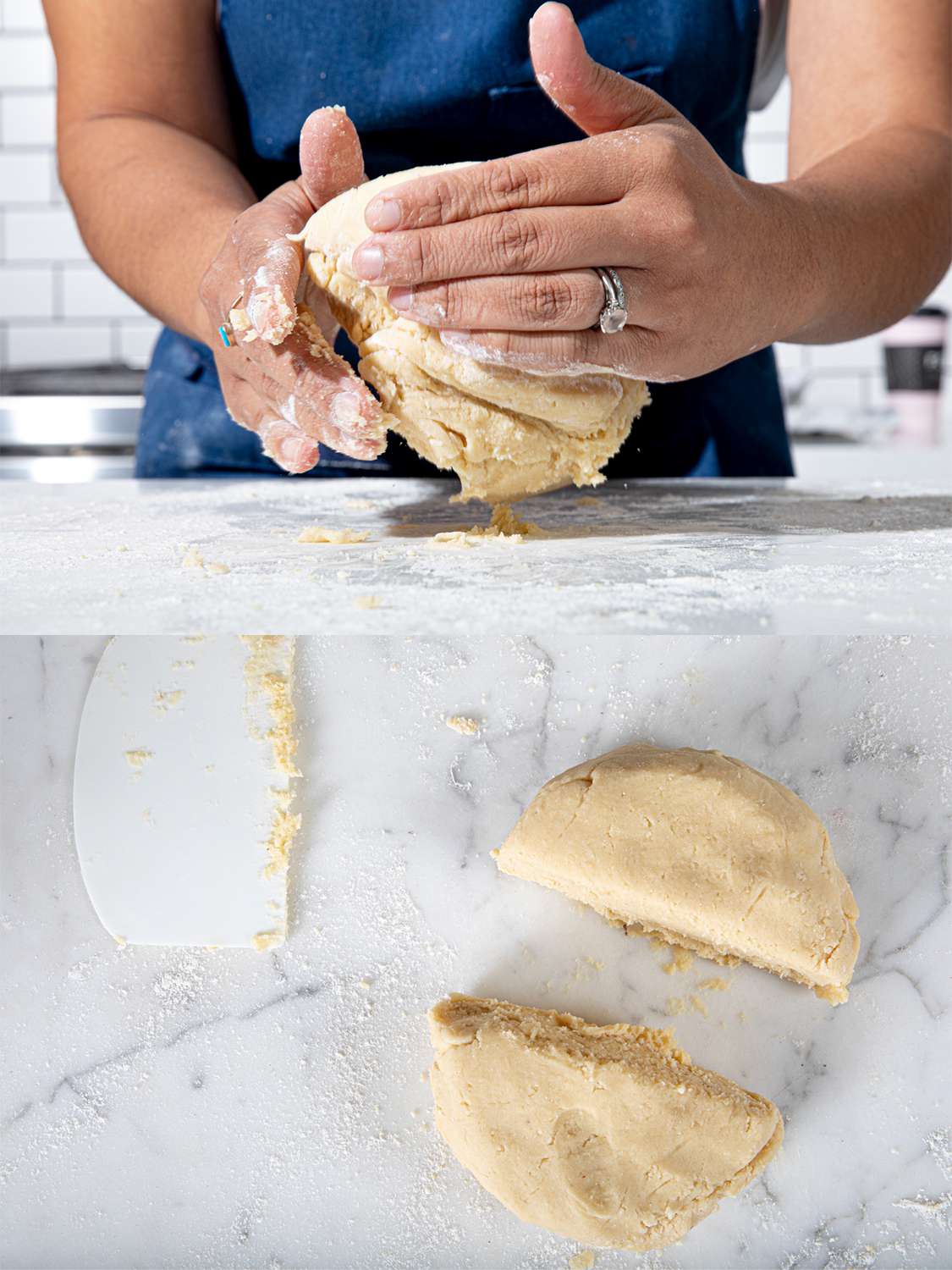 Two Image Collage. Top: Forming dough into a ball on a floured surface. Bottom: Two cut into two sections. 