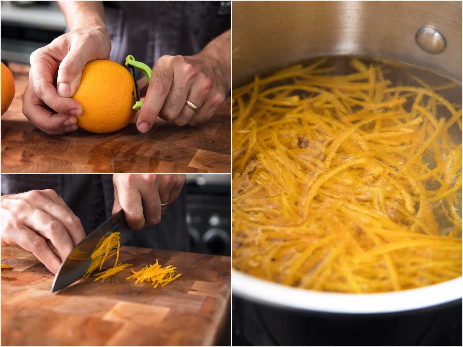 A collage showing peeling an orange with a y-peeler, cutting the orange peel into very thin slices, and blanching the sliced peesl in a saucepan with water. 