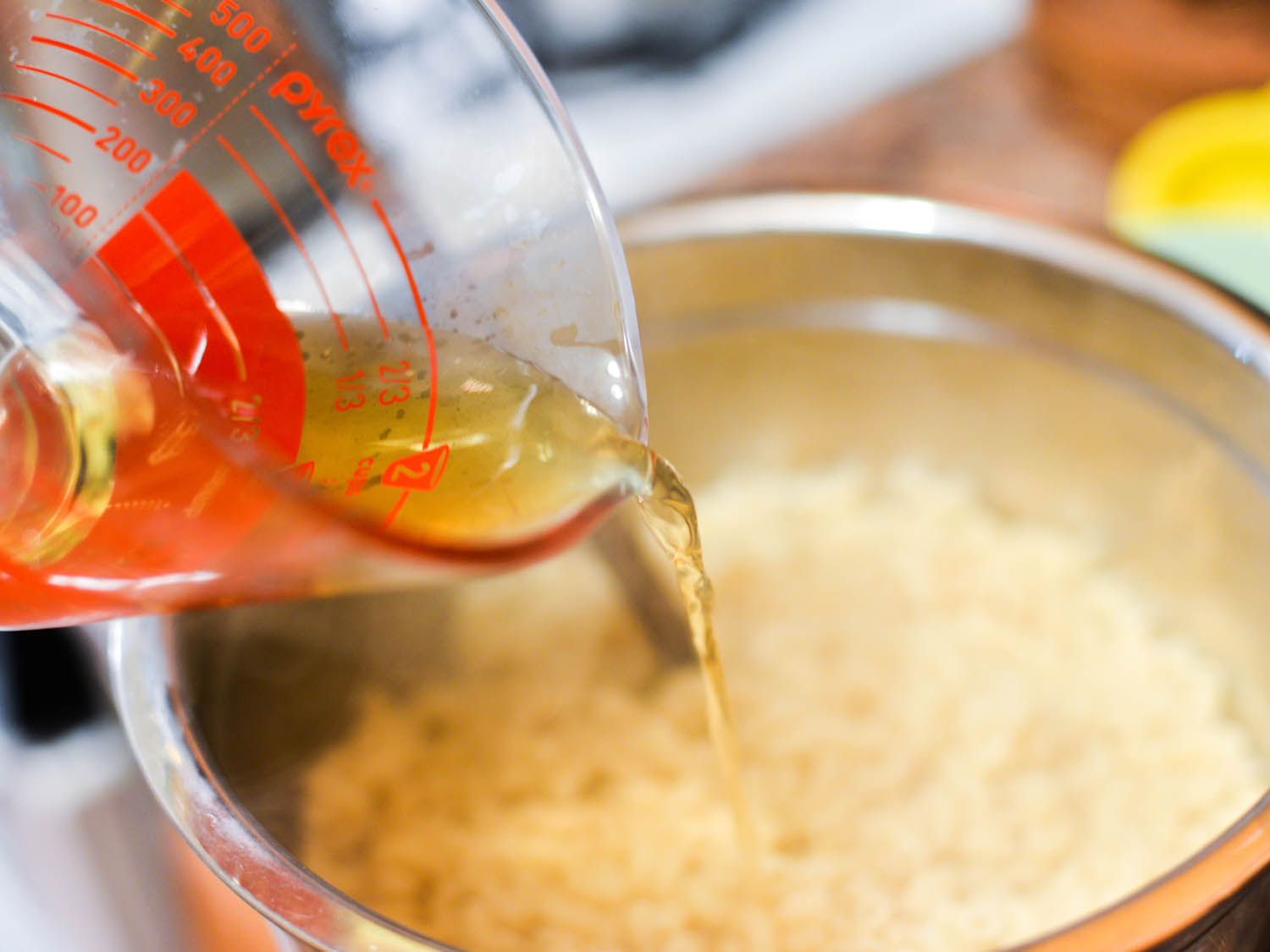Vinegar is added to the cooked macaroni.