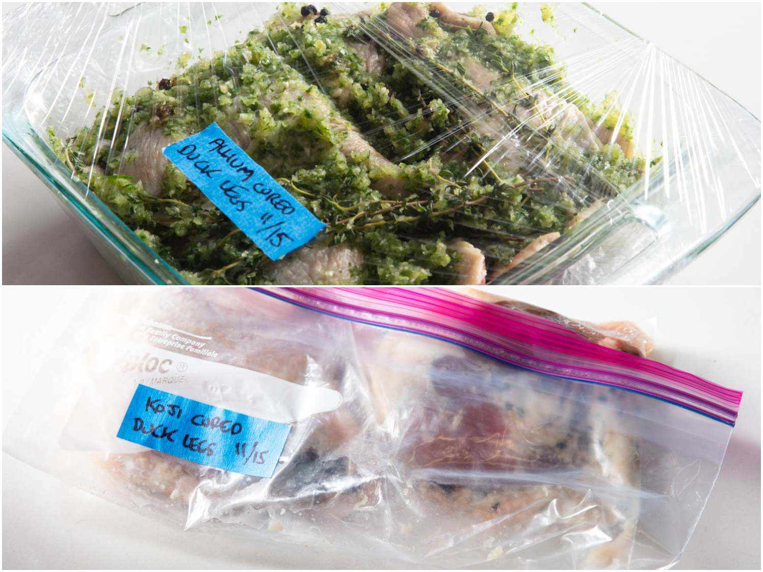 Photo collage comparing traditional and koji-cured duck legs.