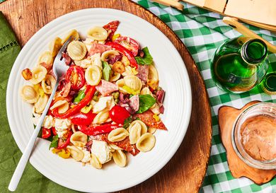 Overhead view of a Italian pasta salad