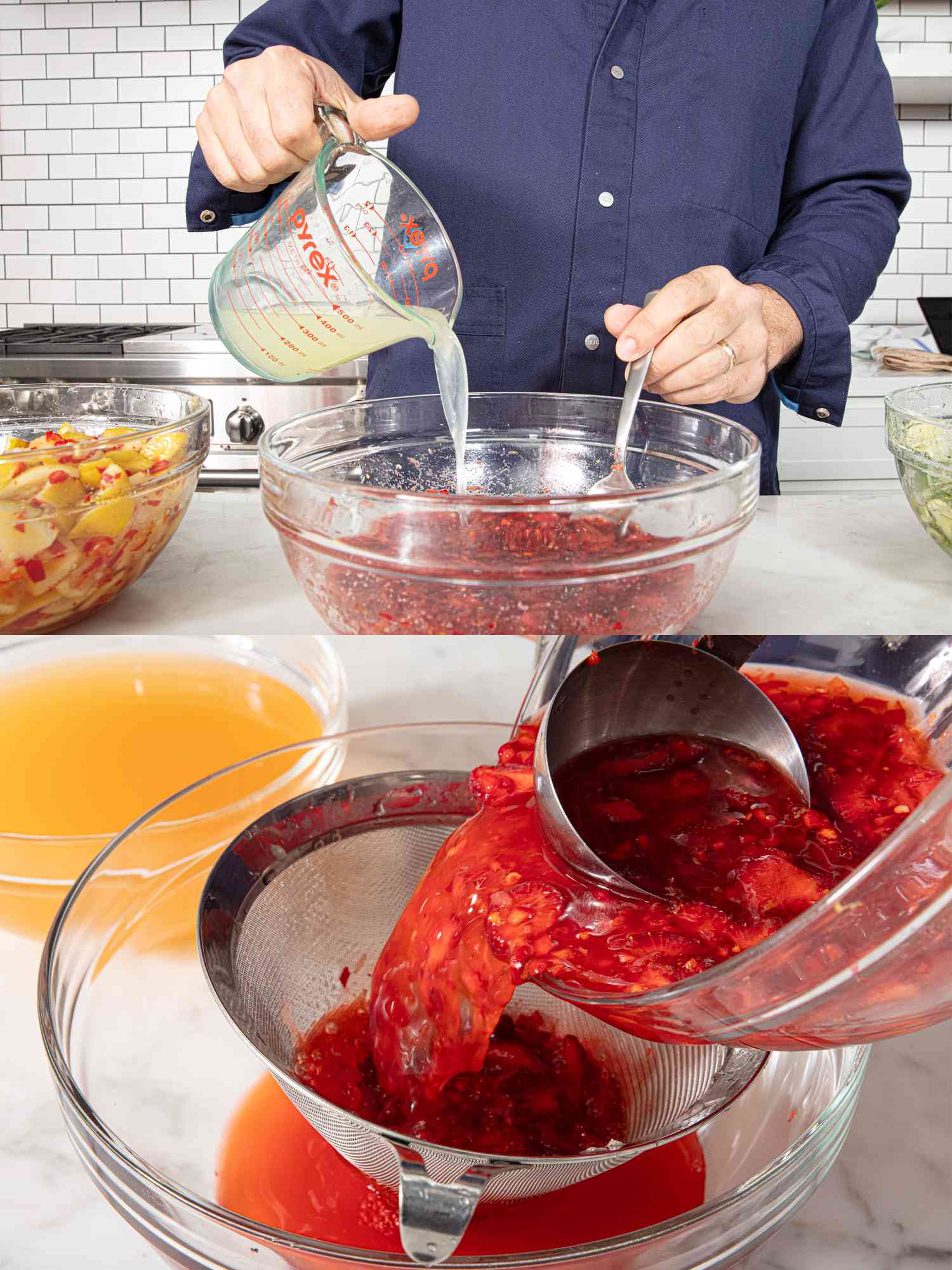 two image collage o adding lemonade and straining