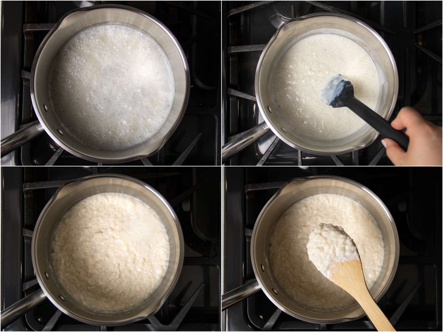 collage: progression of cooking rice pudding on stovetop. First image shows simmer, then stirring, contents thickening, and finally a wooden spoon showing thickness of rice pudding