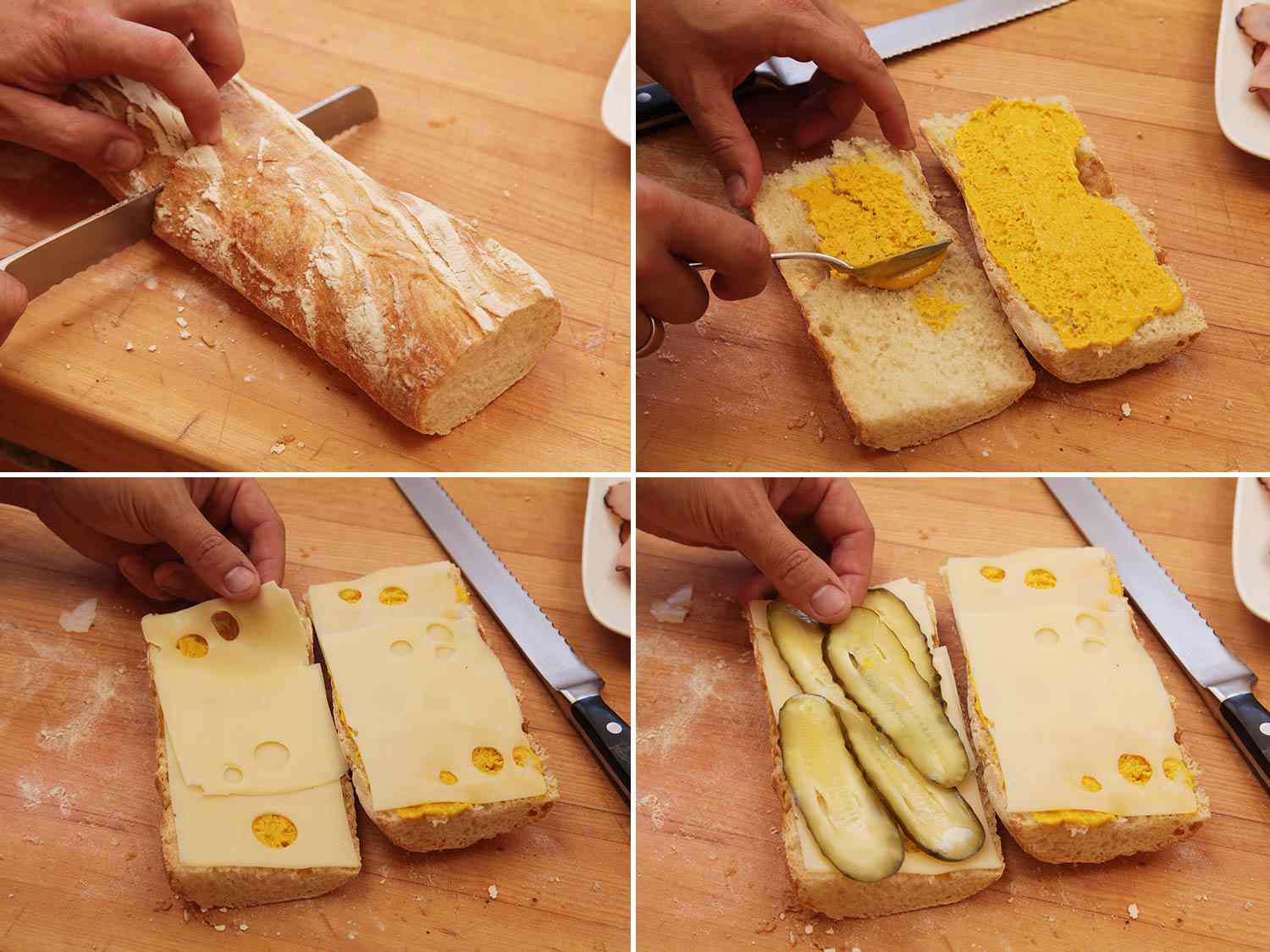 A four-image collage. The top left shows a European-style long loaf of bread being cut with a serrated knife. The top right shows mustard being spread on the inside of the bread. The bottom left shows Swiss cheese being placed on both sides of the bread. The bottom right shows sliced pickles being placed on the left piece of bread. 