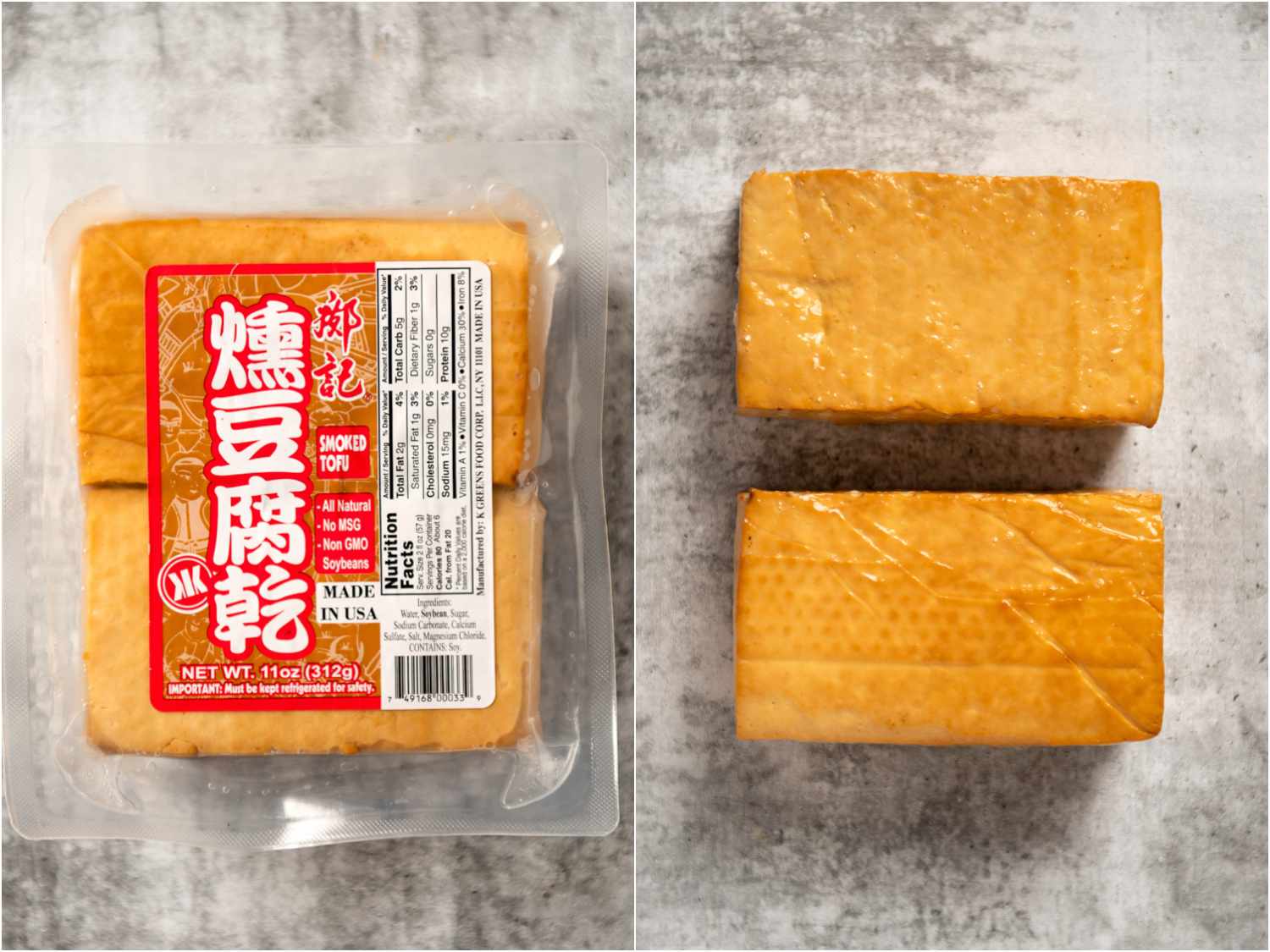 Collage of smoked tofu in packaging; unpackaged