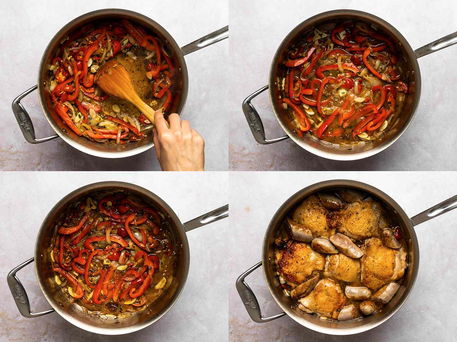 A four-image collage. The top left image shows pickled cherry peppers and their liquid added to a stainless steel pan, with any browned bits from bottom of pan scraped up. The top right image shows wine now added to the pan. The bottom left image shows the wine reduced by half inside of the pan. The bottom right image shows the browned chicken and cut up sausages added to the vegetables and reduced wine inside of the pan.