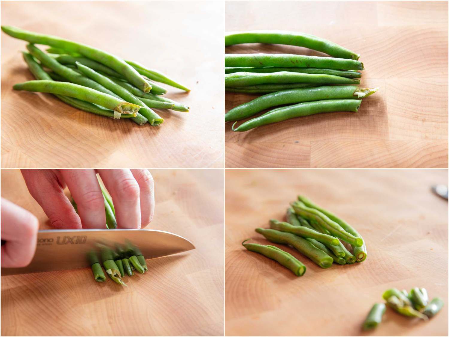 A 4-photo collage of trimming the broken, gnarly tops off of green beans.