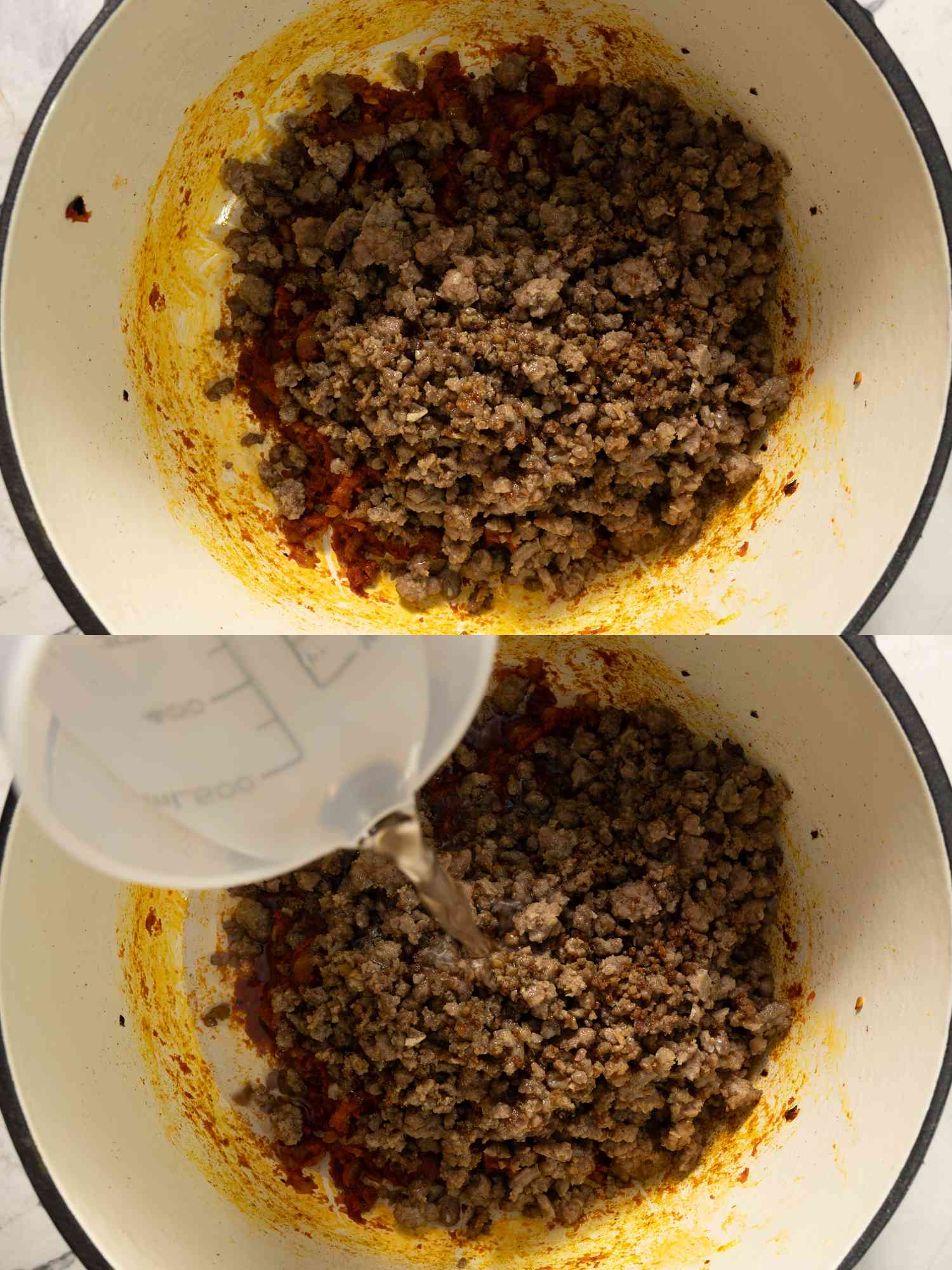 2 image collage. Top: mixing tomato paste into ground beef in dutch oven. Bottom: adding water to beef mixture.