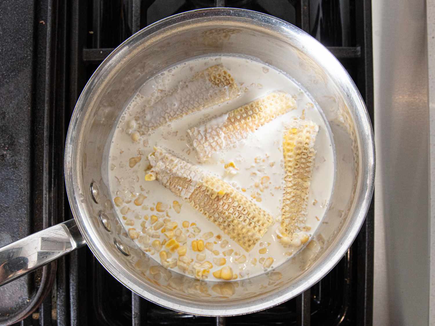Overhead view of corn boiling
