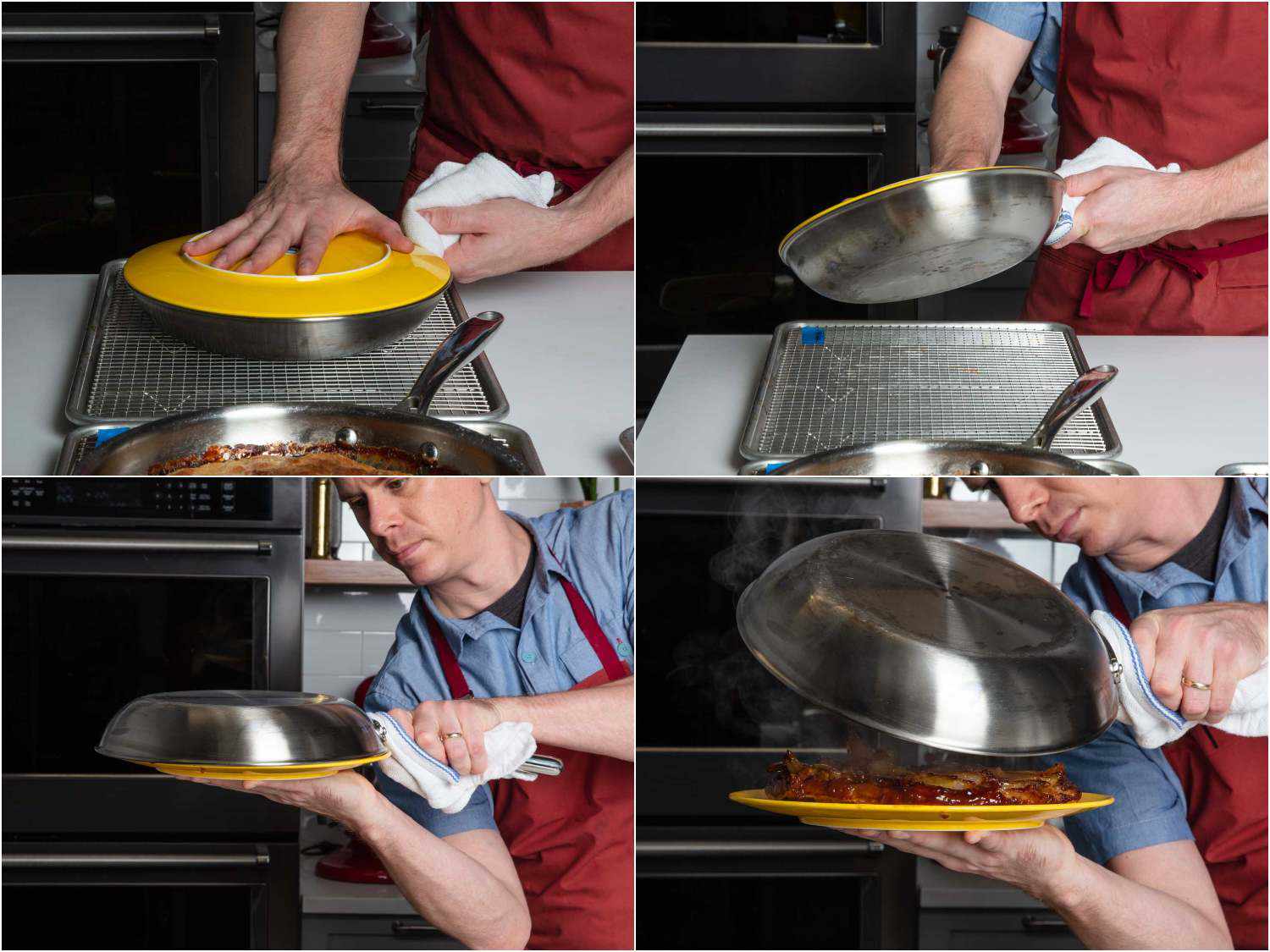 Collage of unmolding tarte tatin by placing a plate over the skillet and inverting the skillet to let the tatin come out. 
