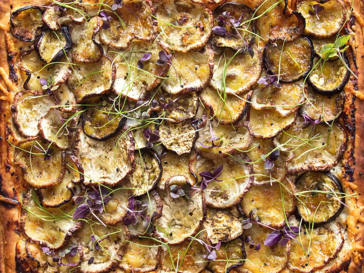 Overhead of finished eggplant tart.