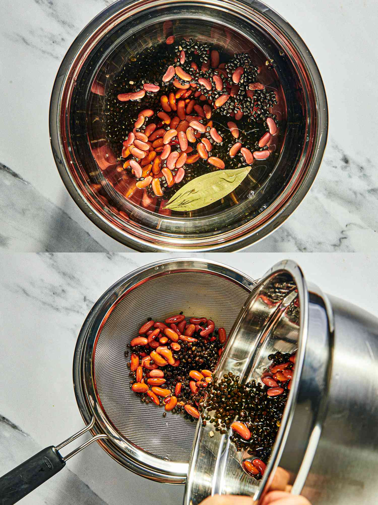 2 image collage. Top: Beans and bay leaves with water in a metal bowl. Bottom: lentils straining in a fine-mesh sieve. 
