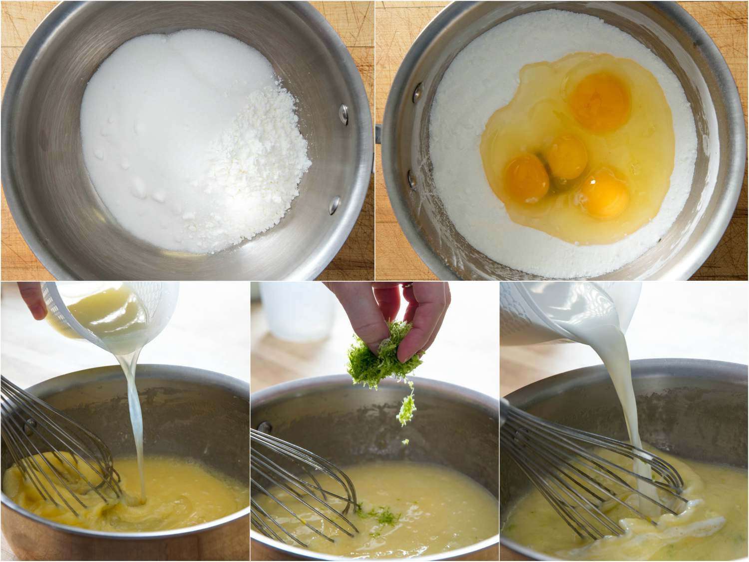 A five-image collage of mixing together the ingredients for the lime custard filling: combining sugar, cornstarch, and salt in a bowl, followed by eggs, lime juice, lime zest, and milk.