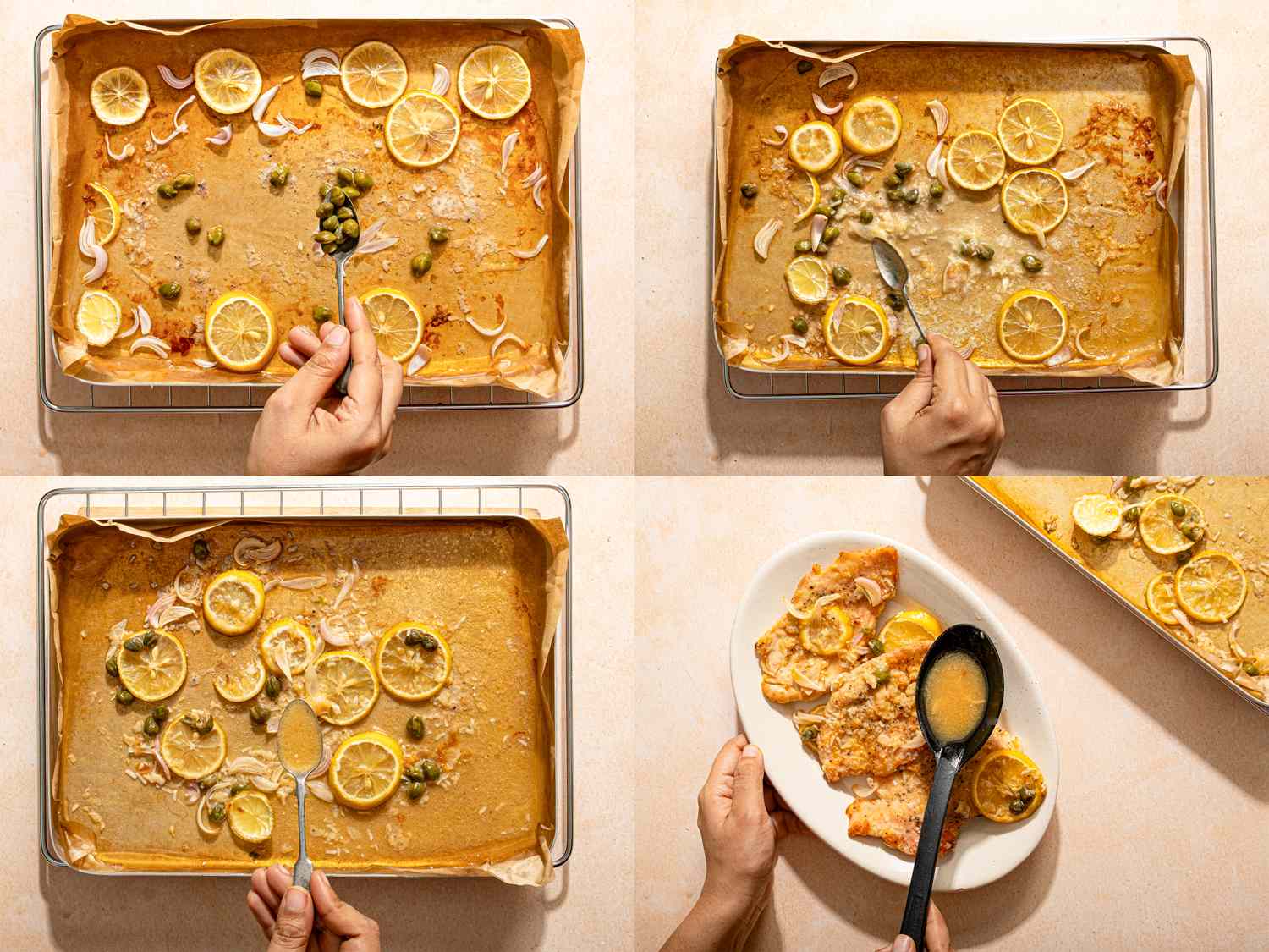 Steps showing the preparation of a chicken piccata dish on a sheet pan with lemons capers and sauce