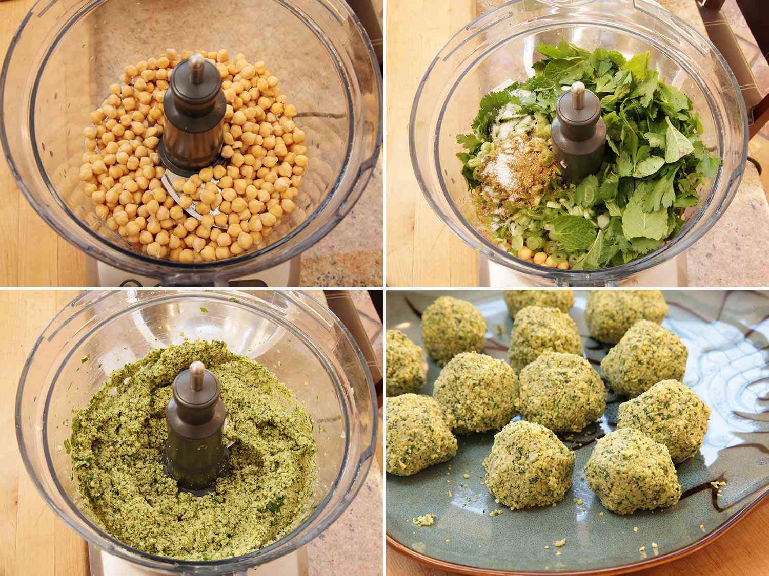 A four-image collage showing the process by which the falafel batter is made in a food processor. The top left shows chickpeas in a food processor. The top right shows herbs and seasonings added to the processor. The bottom left shows the ingredients blended together. The bottom right shows the mixture formed into balls and resting on a plate. 