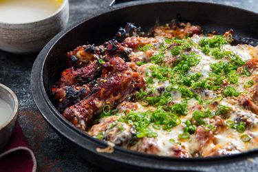 Buldak, Korean fire chicken served in a cast-iron skillet