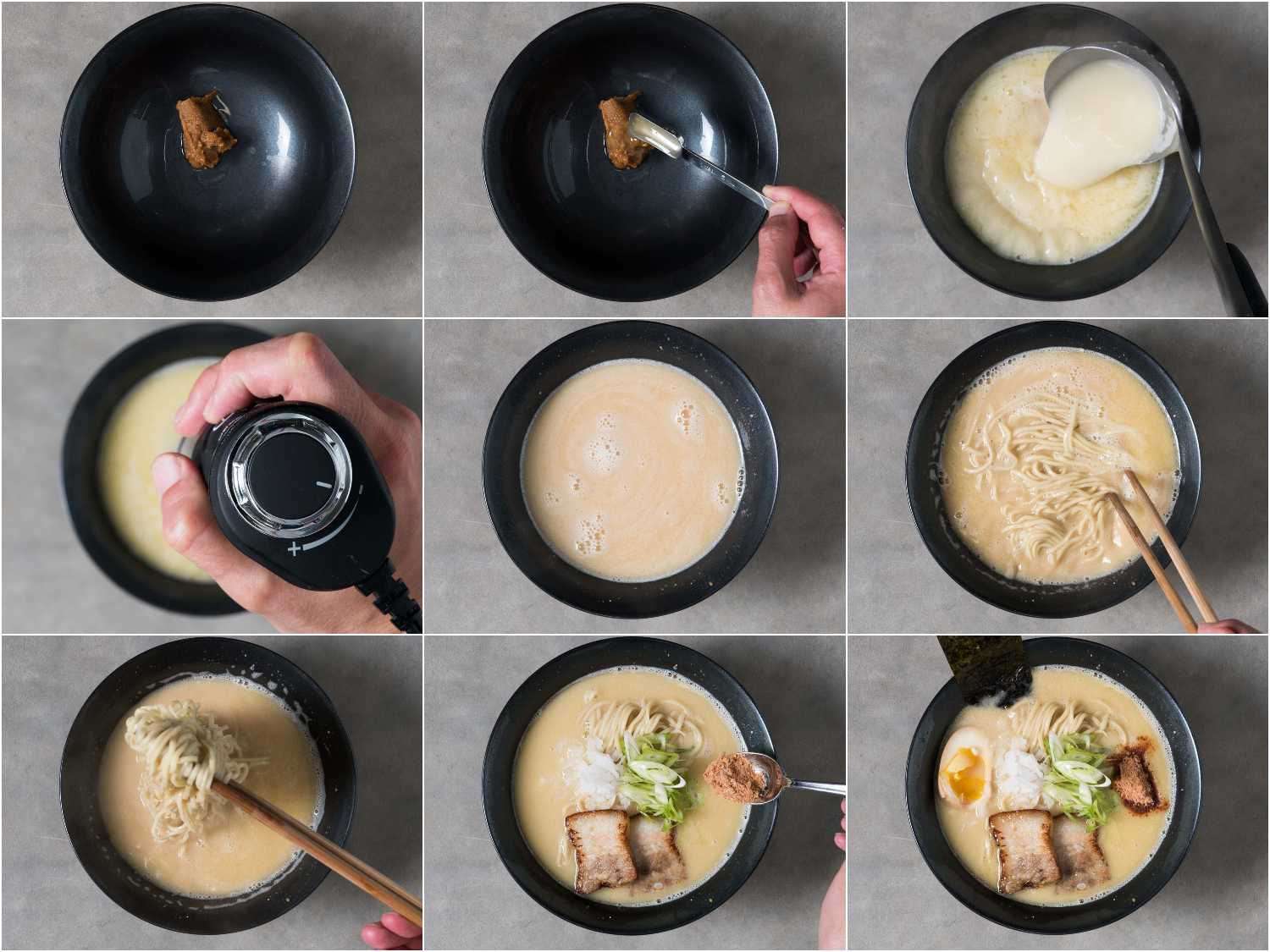 Nine-panel collage depicting assembly of miso chicken paitan ramen