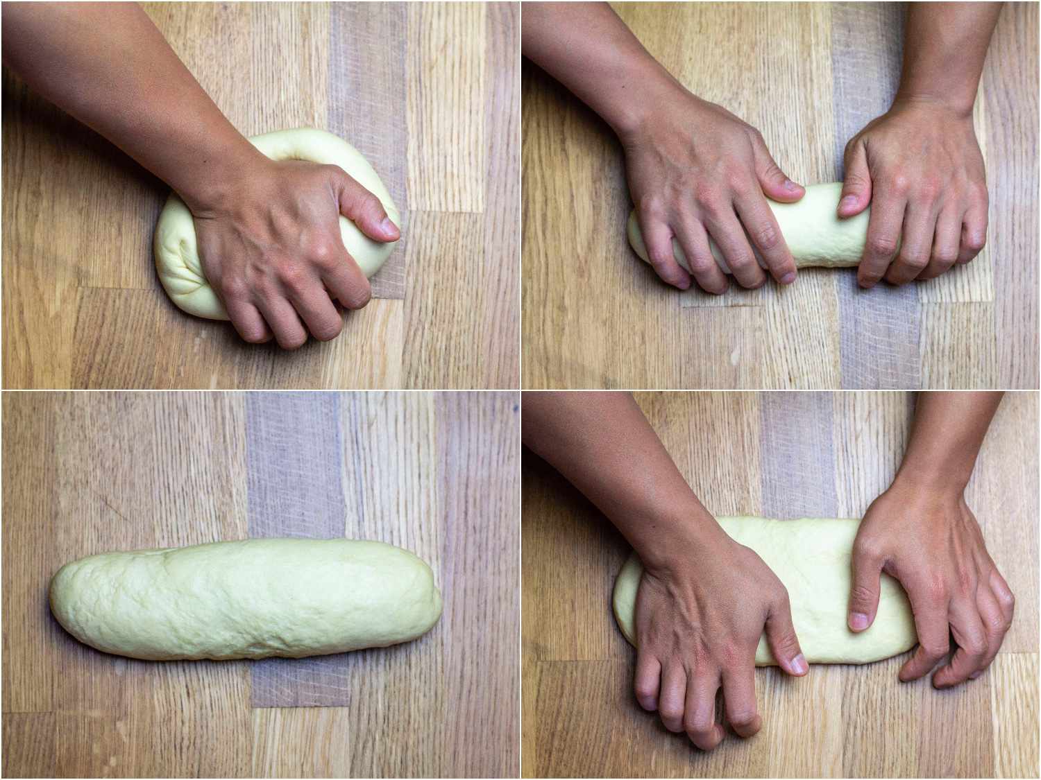 Collage of youtiao dough being formed into log and flattened