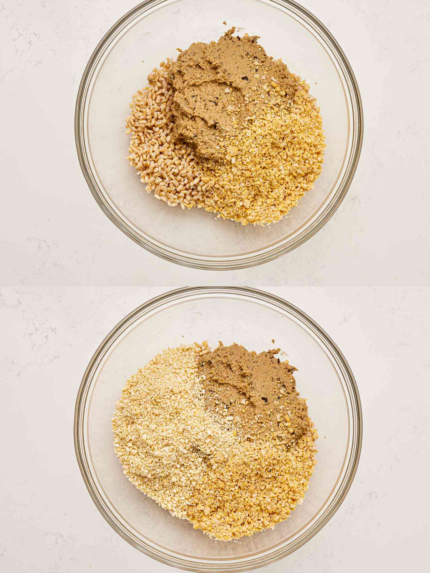 Two image collage of barley and chopped nuts being added to bowl