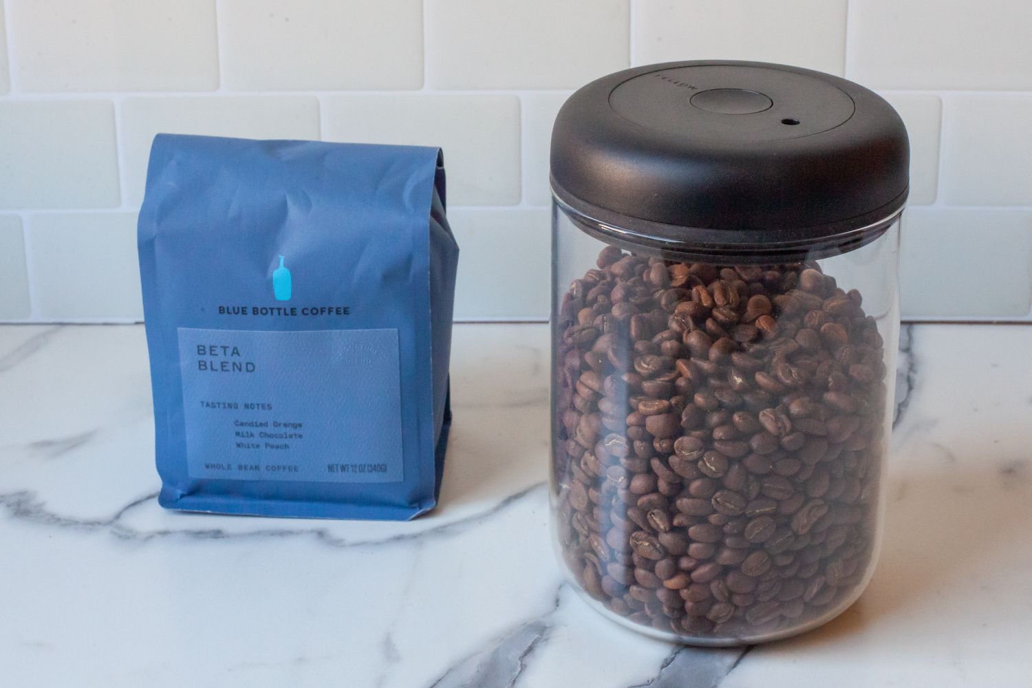  Blue Bottle Coffee on a marble countertop 