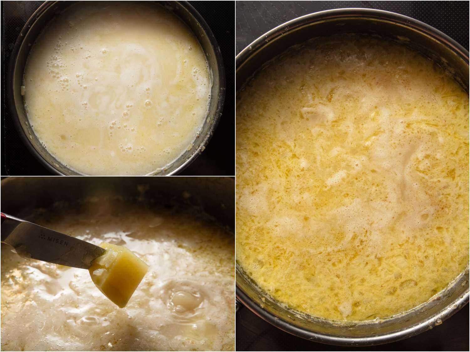 collage: parmesan broth added; a knife poking a potato to show its tenderness; the soup after simmering on the stovetop