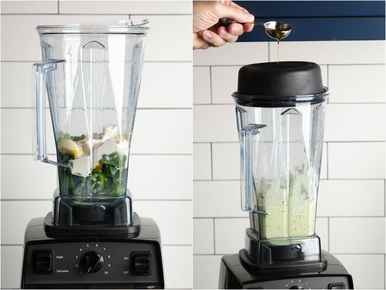 Photo collage: blending ingredients for Peruvian chicken green sauce in a Vitamix blender.