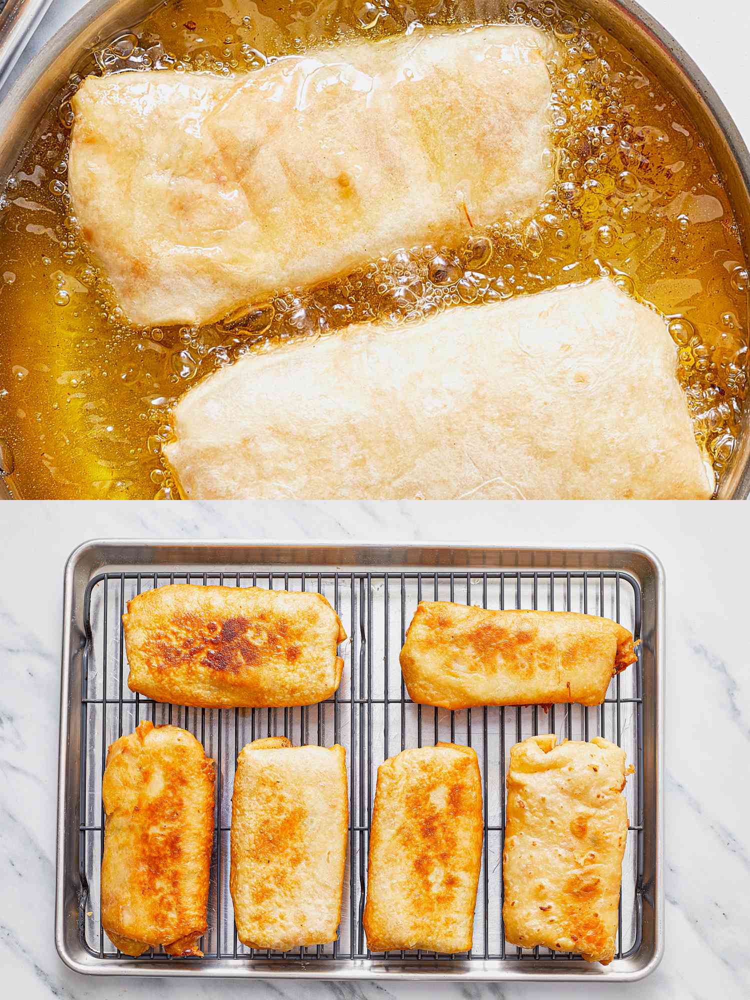 Two image collage of chimichangas frying 