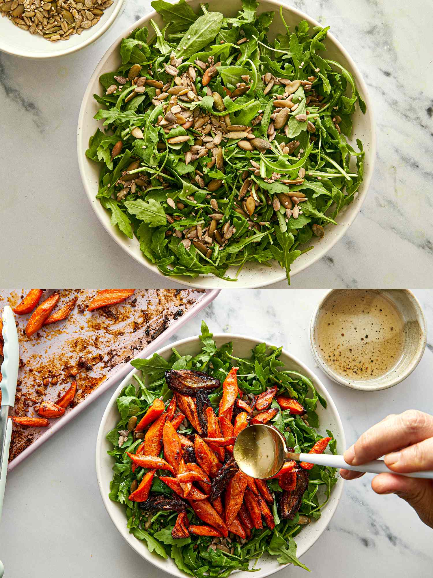 A salad being prepared with roasted carrots and a dressing spooned over it shown in two stages of assembly