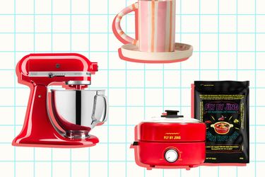 Various gift items including a stand mixer a striped mug with saucer a mini hot pot and chili snacks