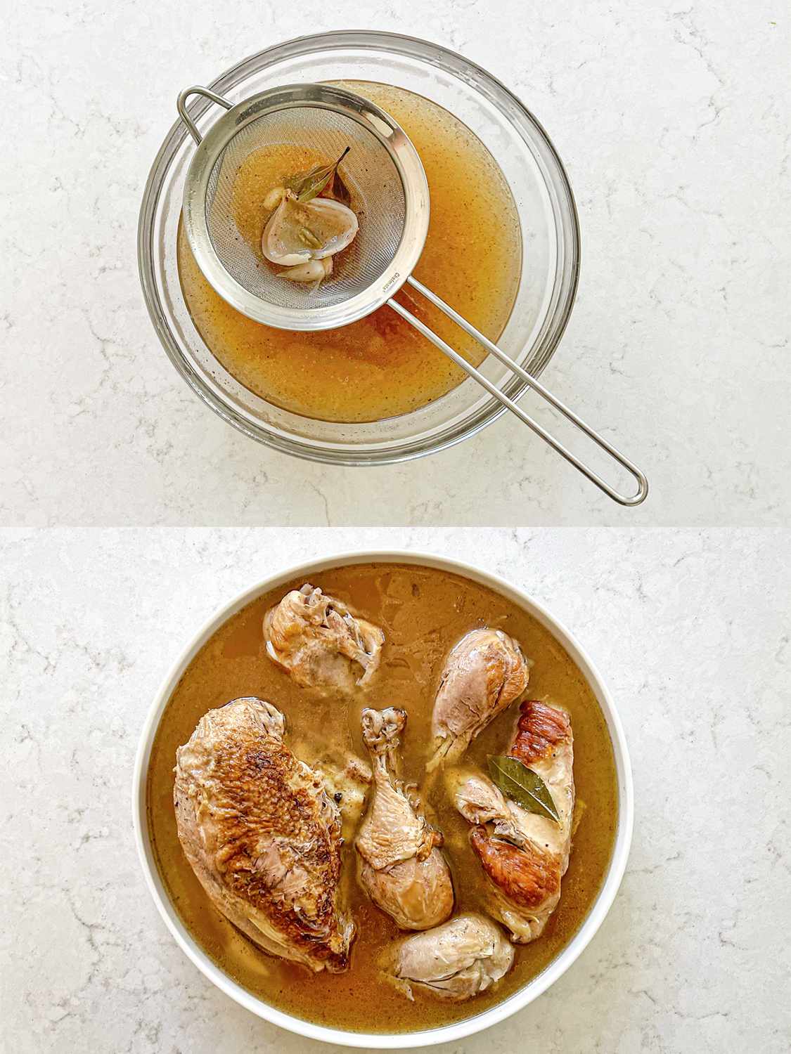 Broth straining via a sieve into a large glass bowl.
