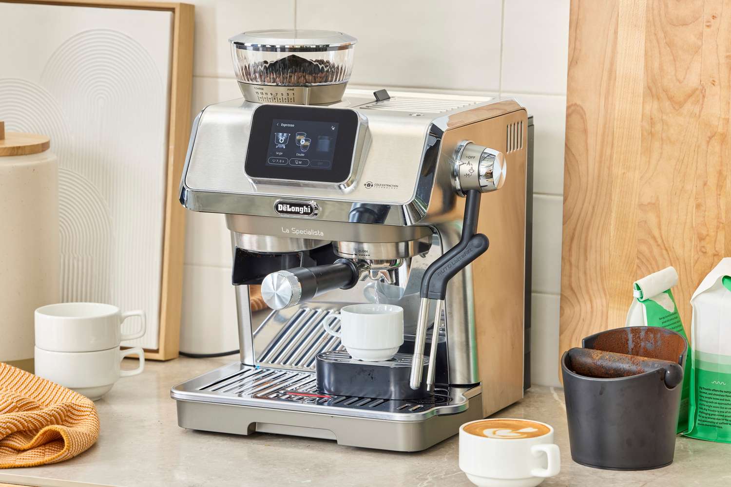 The De'Longhi La Specialista Touch Espresso Machine on a kitchen countertop